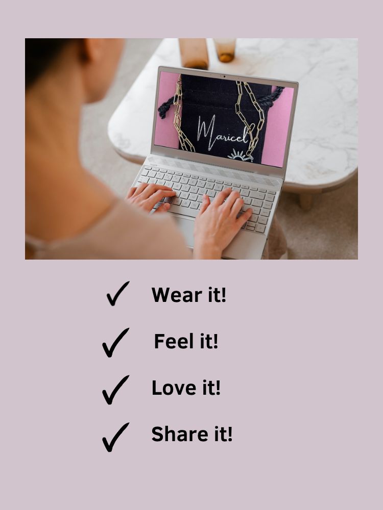 Image is looking over the shoulder of someone using a laptop to access the Maricel website. Under the image is a list of four suggestions referring to the jewelry, wear it, feel it, love, it and share it.