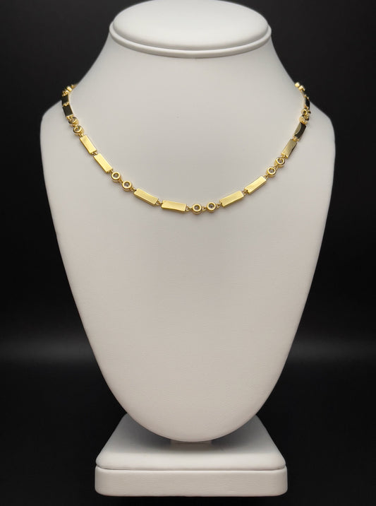 Image of necklace Chain Length: 16 inches Chain Type:Double bar and CZ Clasp: Lobster. Chain: 18k Gold-plated