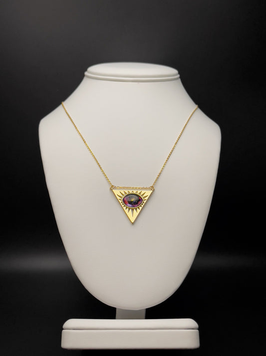 Image of necklace. Chain length can be customized. Chain Type: Cable Chain Thickness: 1.0 mm Clasp: Lobster Charm: 30 X 26 mm  Chain: 18k Gold-plated Charm: 14k Gold-filled with purple eye